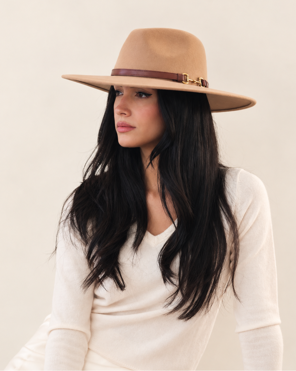 Model wearing Chestnut Aspen wool fedora with white long-sleeve top