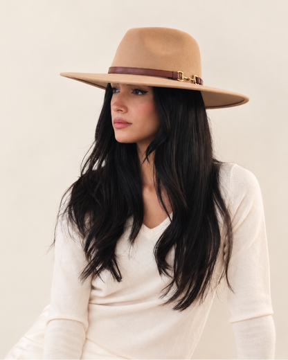 Model wearing Chestnut Aspen wool fedora with white long-sleeve top