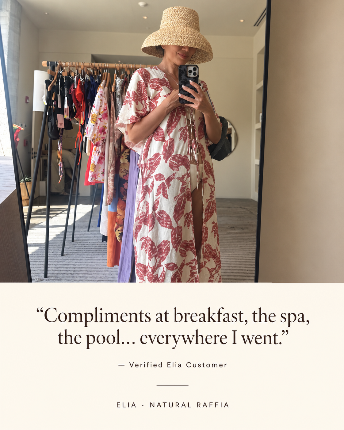 Elia raffia bucket hat styled with colorful resort outfit in mirror selfie