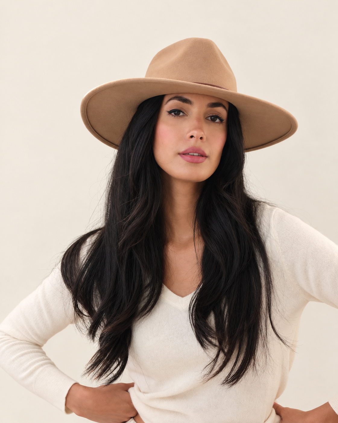 Front view of model wearing Chestnut Aspen wide-brim wool fedora with white top