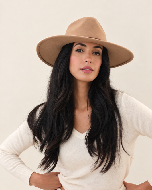 Front view of model wearing Chestnut Aspen wide-brim wool fedora with white top