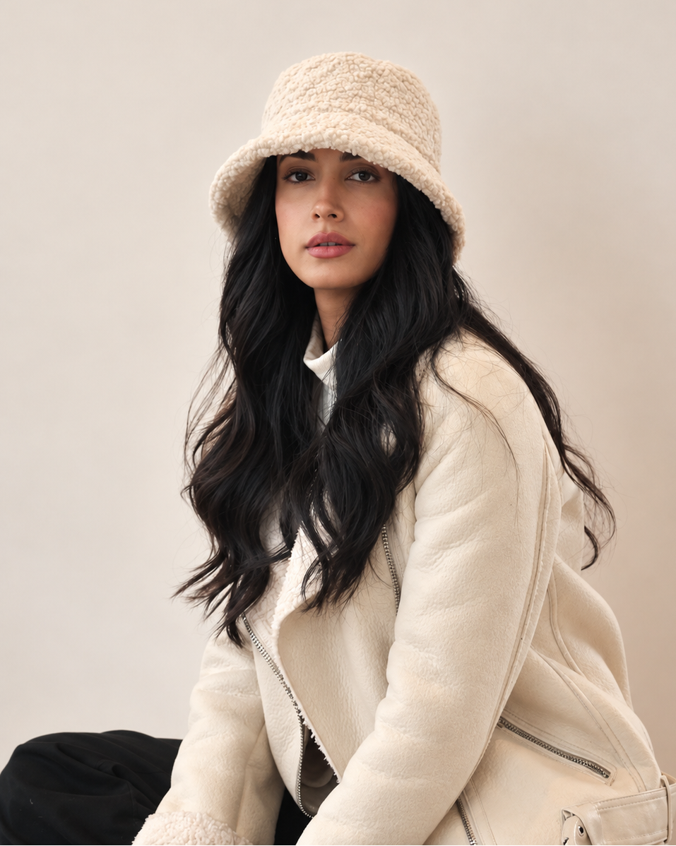 Three-quarter view of model wearing Birch Nube teddy bucket hat with cream coat