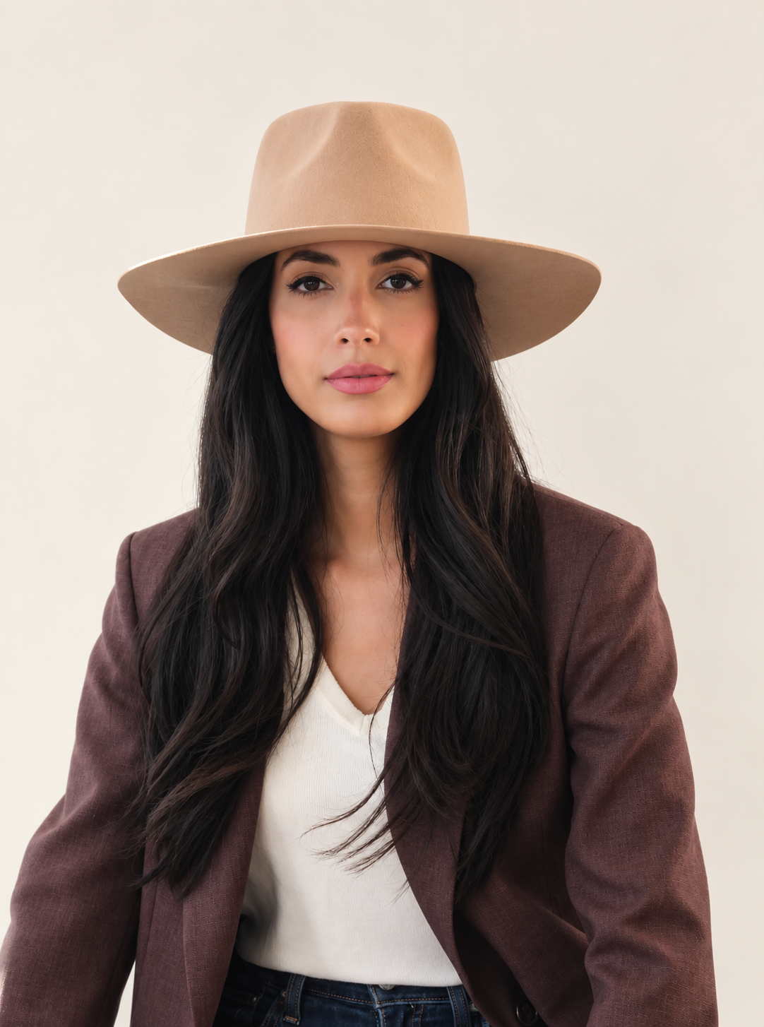 Model wearing Sable Wool Fedora Hat in Chestnut with brown blazer
