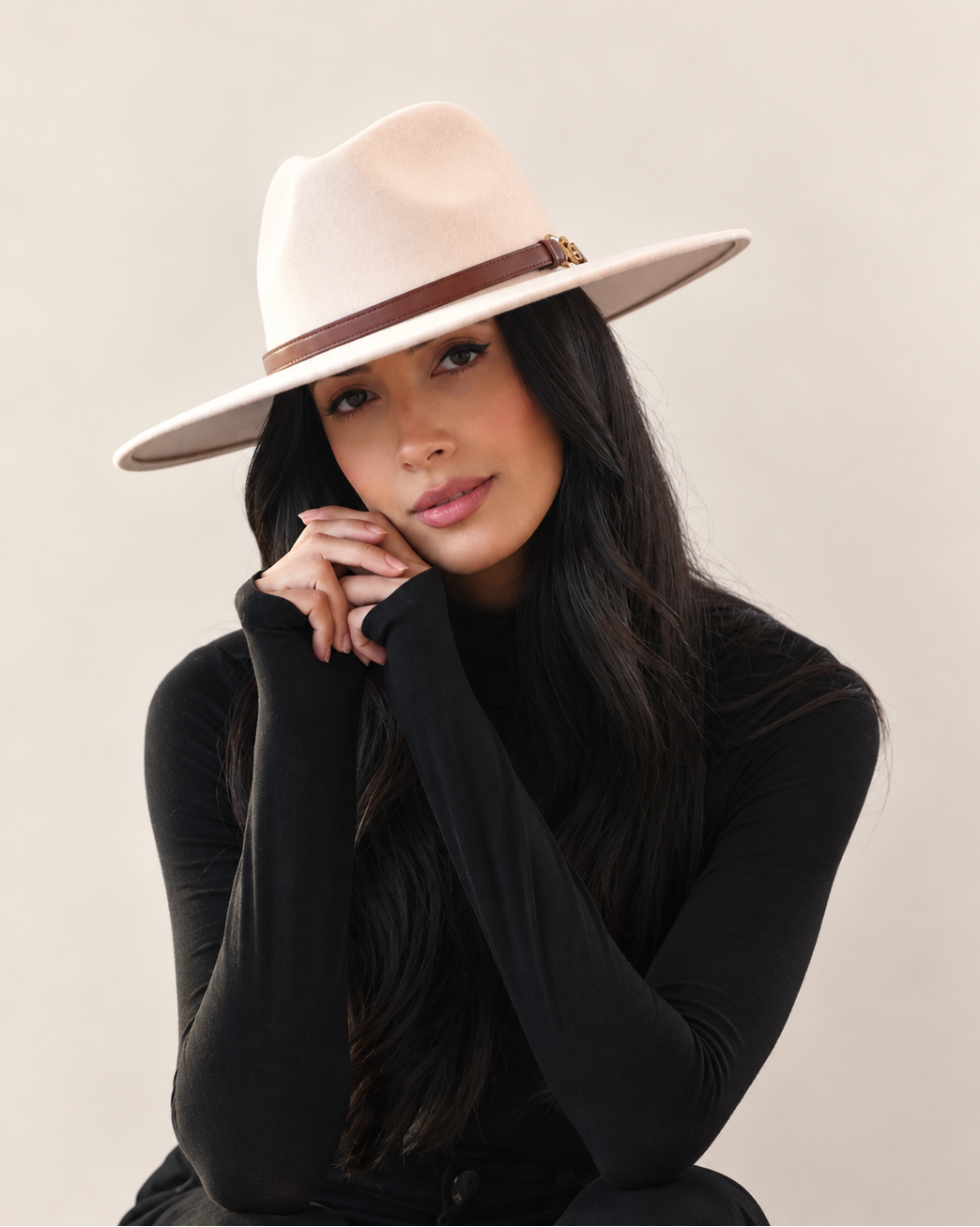 Model wearing Birch Aspen wool fedora with black top