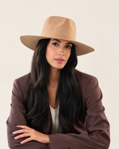 Angled view of Sable Wool Fedora Hat in Chestnut styled with brown blazer