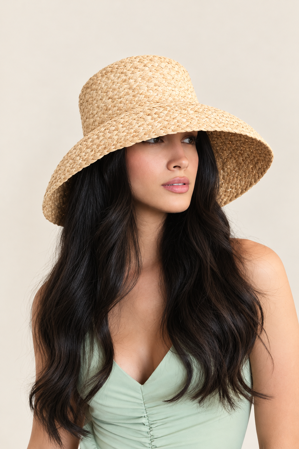Side angle of Elia natural raffia bucket hat with sculptural woven brim